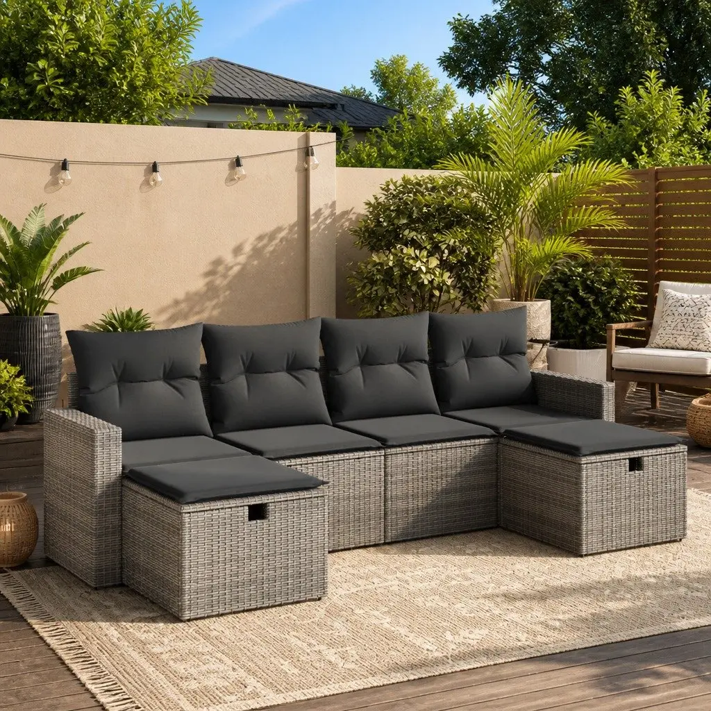 6 Piece Garden Sofa Set PE Rattan Modular Grey Outdoor Furniture with Cushions