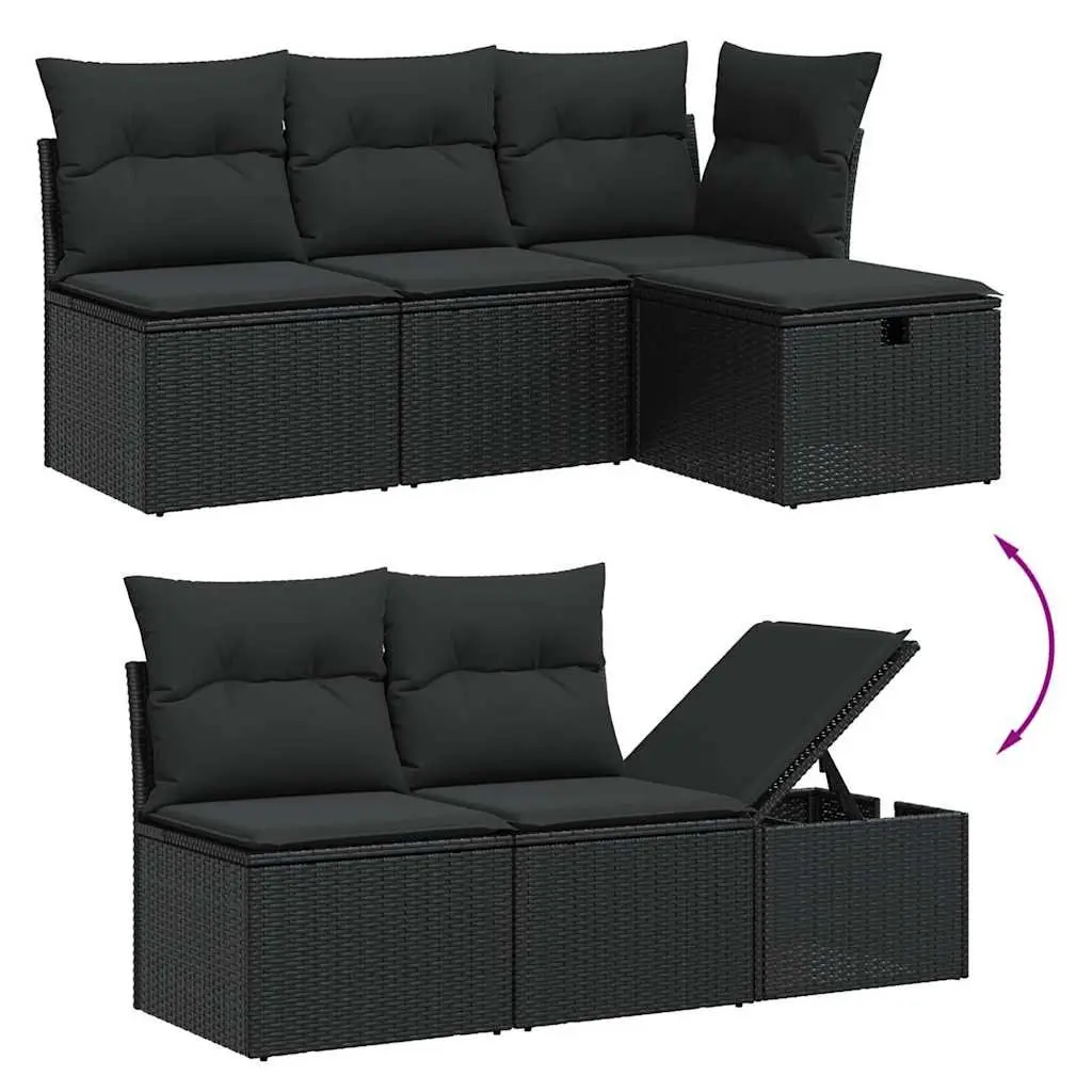 5 Piece Modular Garden Sofa Set PE Rattan Outdoor Furniture with Powder Coated Steel Frame and Black Cushions