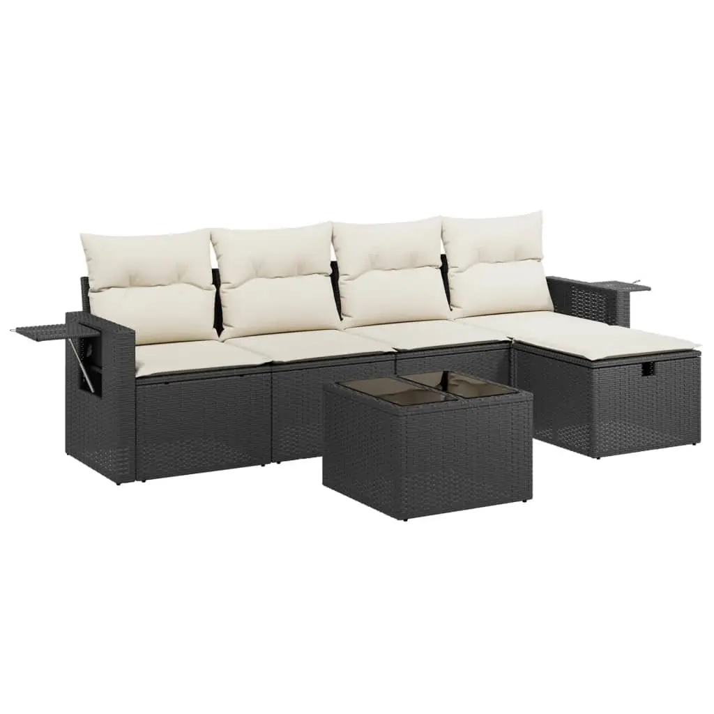 Garden Sofa Set 6 Piece Modular Outdoor Patio Furniture Black PE Rattan with Tempered Glass Tabletop and Cushions