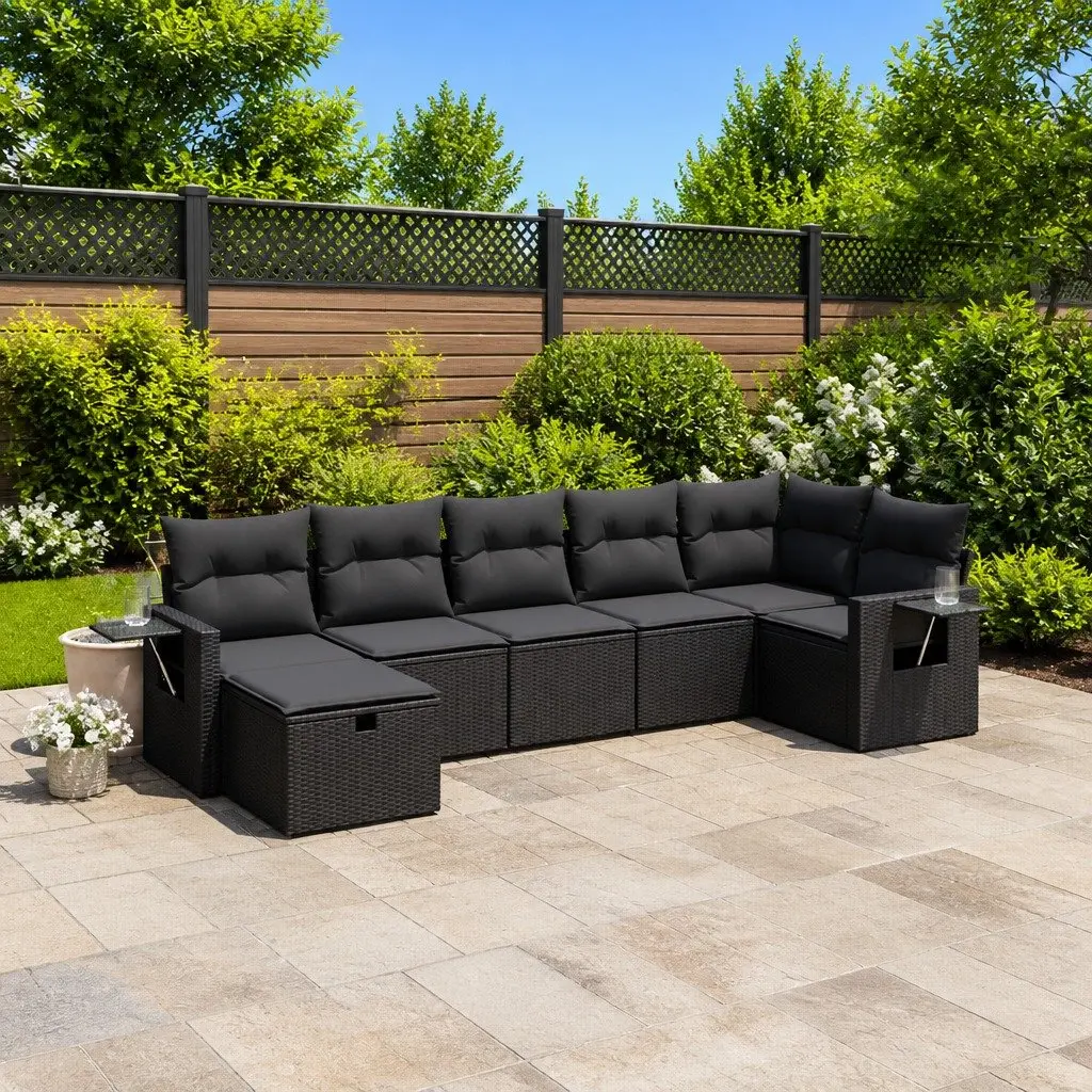 7 Piece Outdoor Garden Sofa Set PE Rattan Modular Black with Cushions