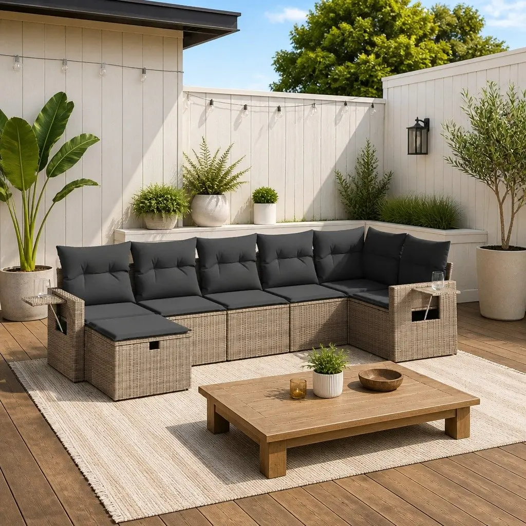 7 Piece Modular Garden Sofa Set PE Rattan Grey with Cushions Outdoor Patio Furniture