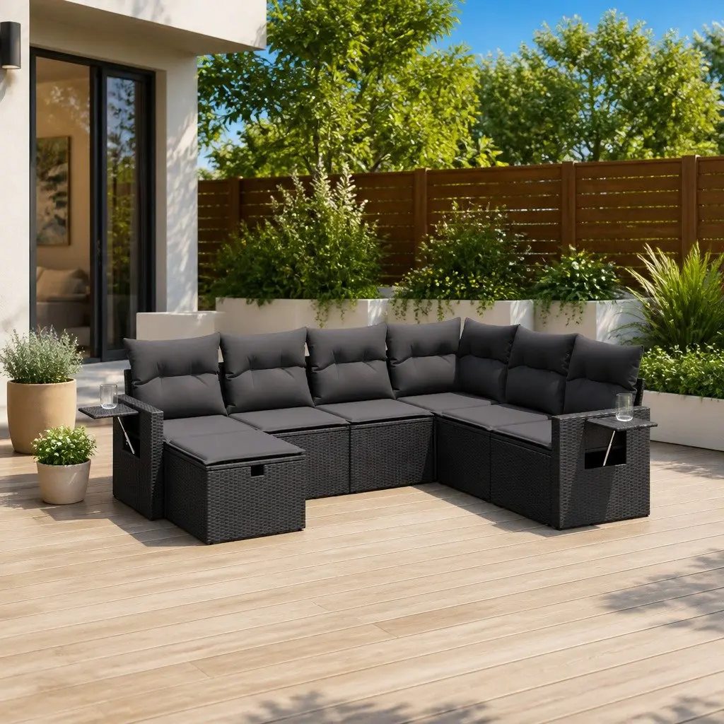 7 Piece Modular Outdoor Sofa Set Black PE Rattan with Cushions