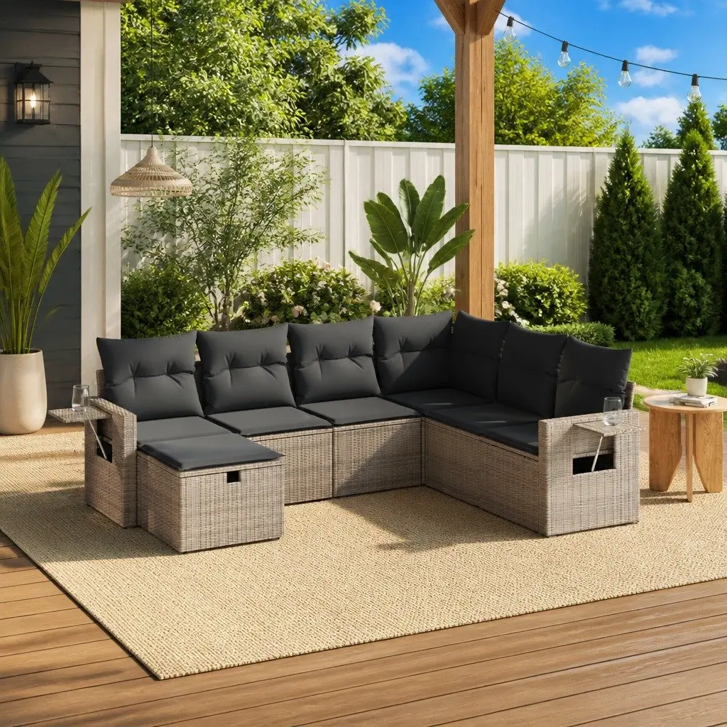 7 Piece Garden Sofa Set PE Rattan Cushions Modular Grey Outdoor Patio Furniture