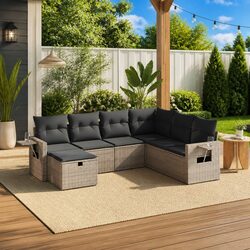 7 Piece Garden Sofa Set with Cushions Grey Outdoor Patio Furniture Modular