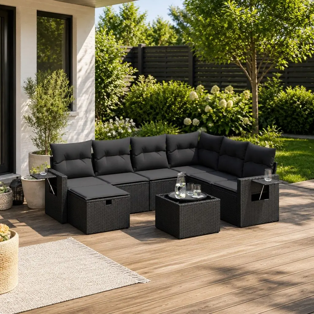 8 Piece Outdoor Furniture Set Patio Black PE Rattan Cushions Glass Tabletop Steel Frame