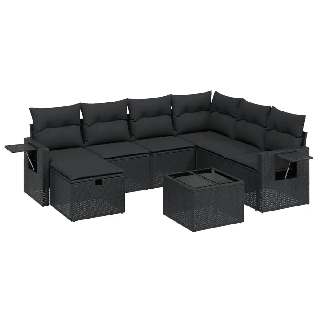 8 Piece Outdoor Furniture Set Patio Black PE Rattan Cushions Glass Tabletop Steel Frame