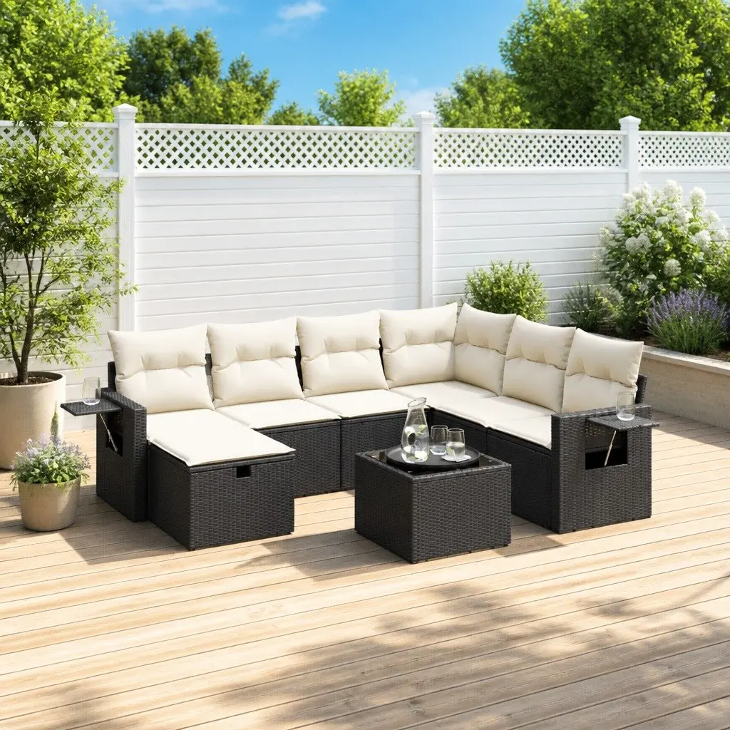 8 Piece Modular Outdoor Sofa Set Black PE Rattan Cushions Tempered Glass Table