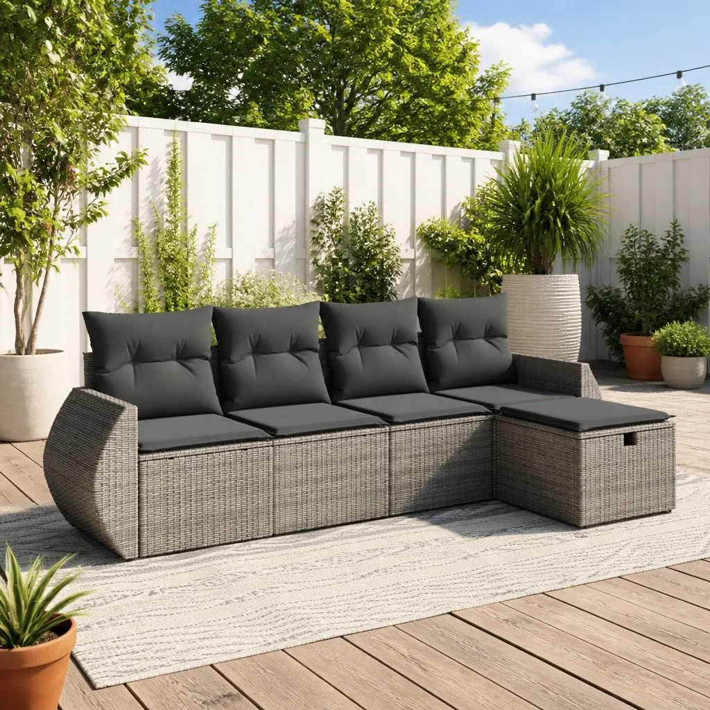 5 Piece Modular Garden Sofa Set PE Rattan with Cushions Grey Outdoor Patio Furniture