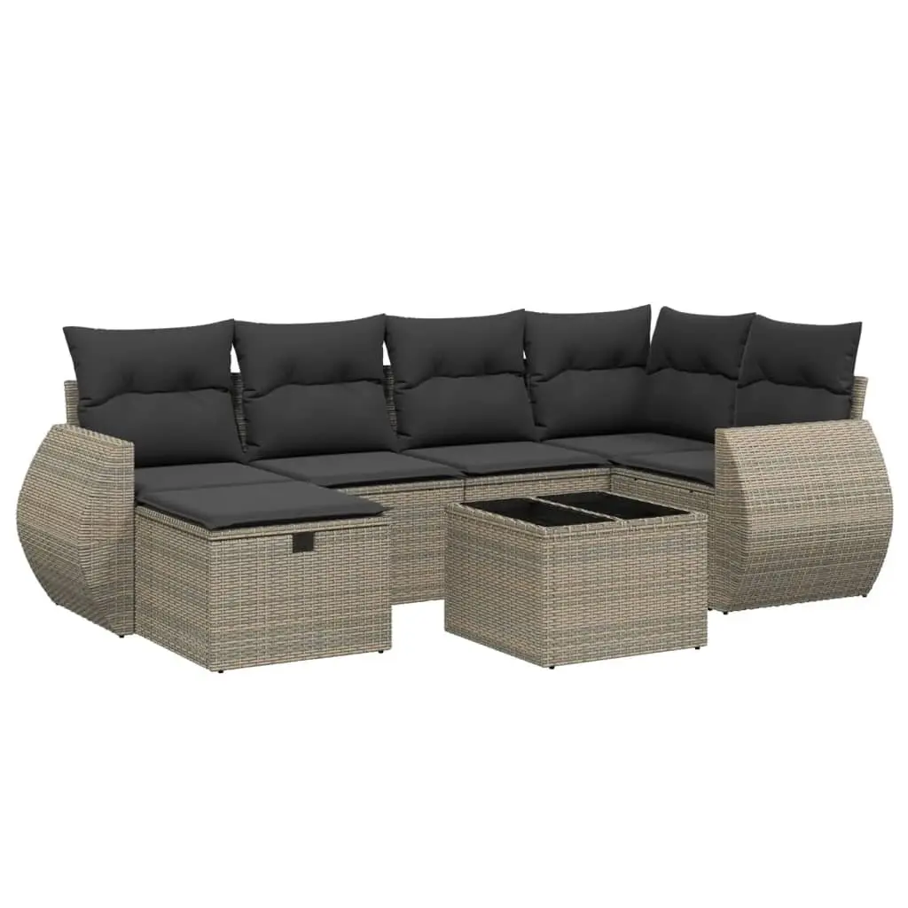 7 Piece Modular Outdoor Sofa Set Grey Poly Rattan with Tempered Glass Top and Removable Washable Cushion Covers for Patio and Garden