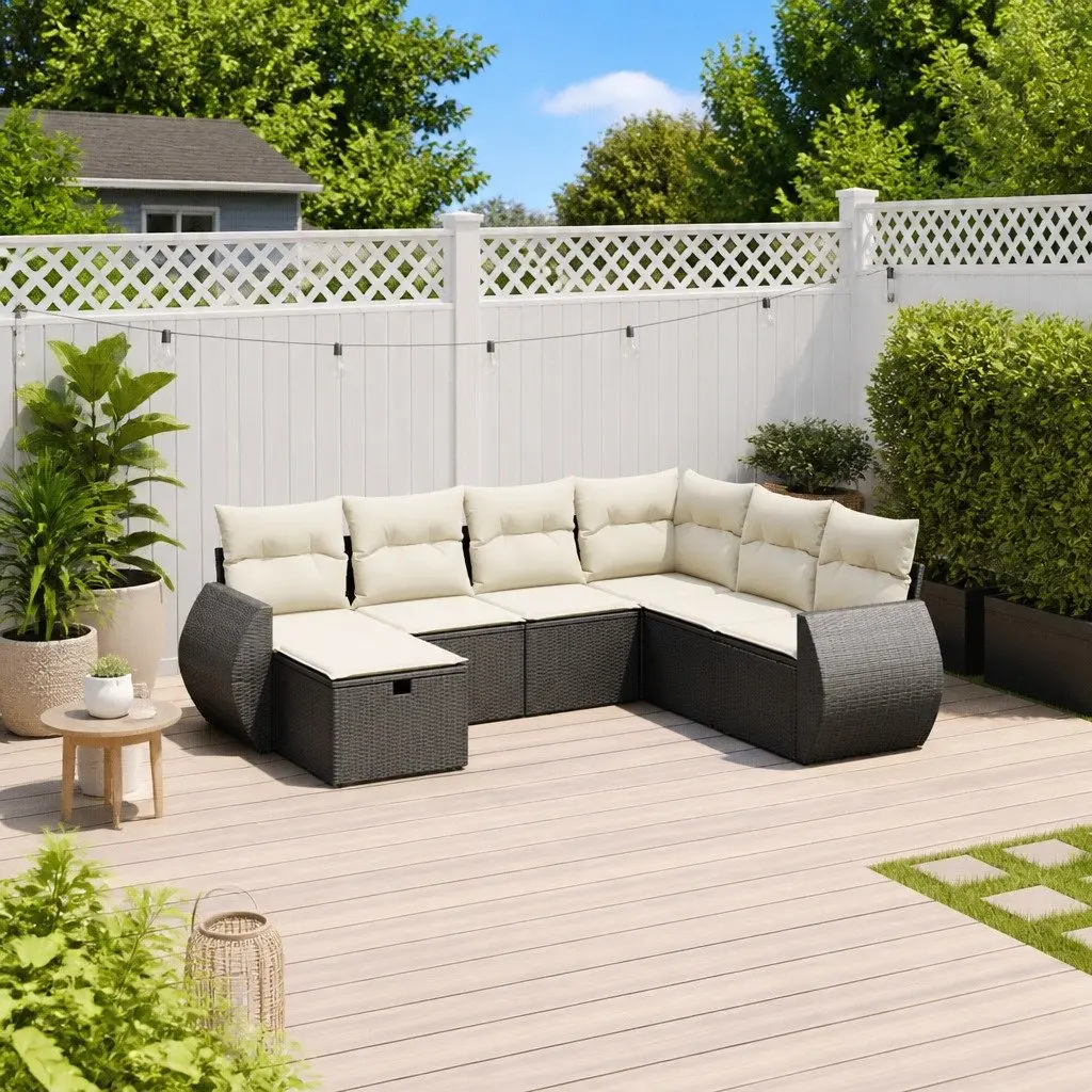 7 Piece Garden Sofa Set Poly Rattan Black Cushions