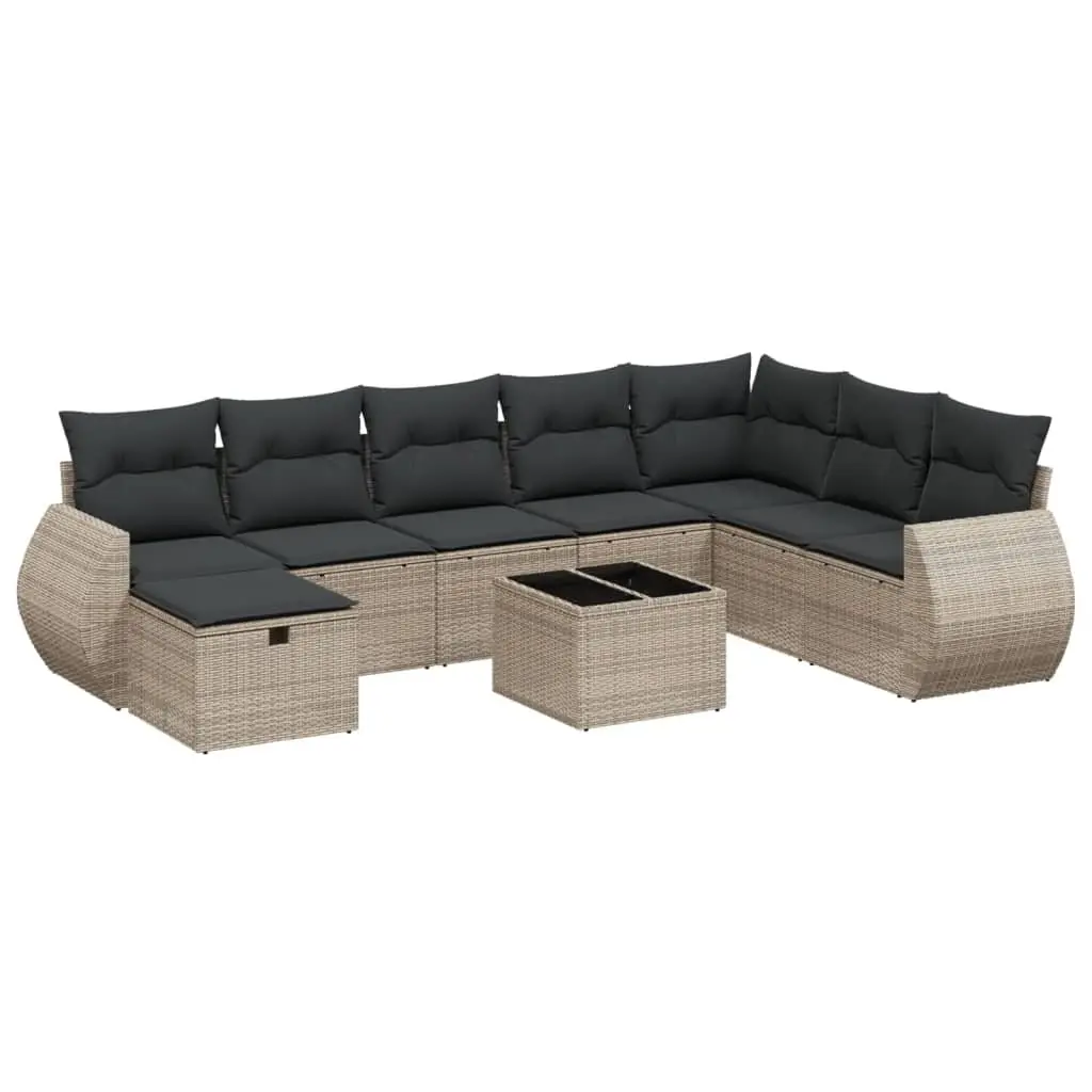 Garden Sofa Set 9 Piece Modular PE Rattan Grey Outdoor Furniture with Tempered Glass Table and Cushions