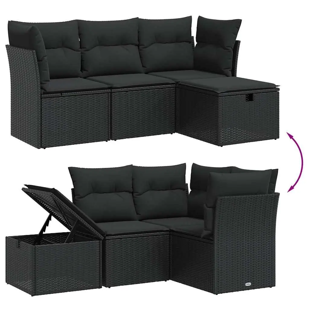 4 Piece Outdoor Garden Sofa Set Black PE Rattan with Cushions