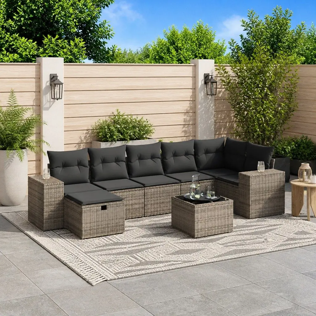 8 Piece Grey Modular Rattan Sectional Garden Sofa Set with Powder-Coated Steel Frame and Tempered Glass Tabletop for Outdoor Patio Furniture