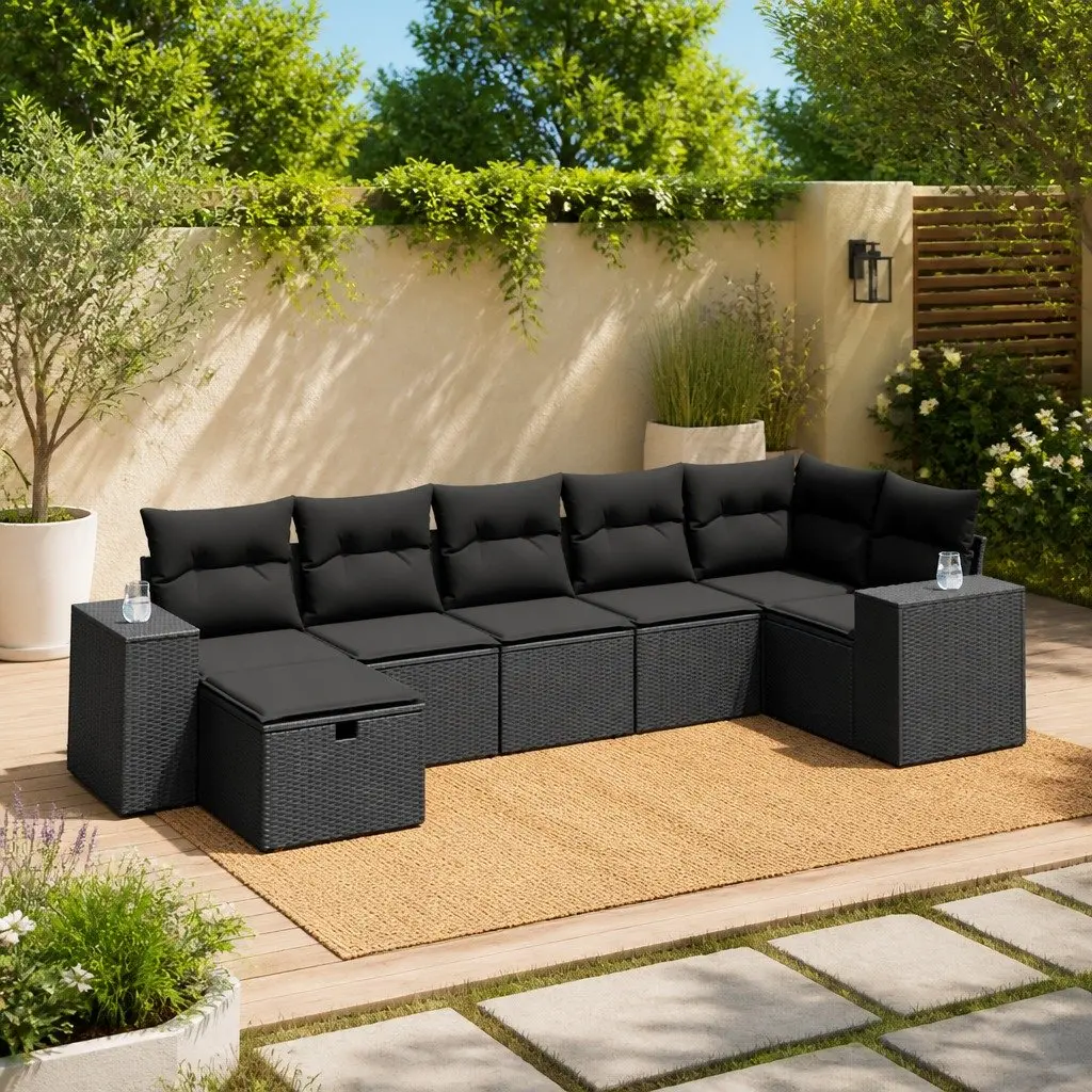 7 Piece Garden Sofa Set Modular PE Rattan Black with Cushions Outdoor Furniture