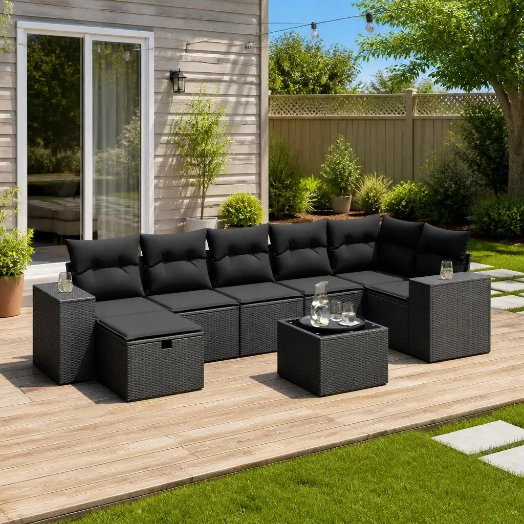 Garden Sofa Set PE Rattan 8 Piece Black Powder Coated Steel Outdoor Furniture