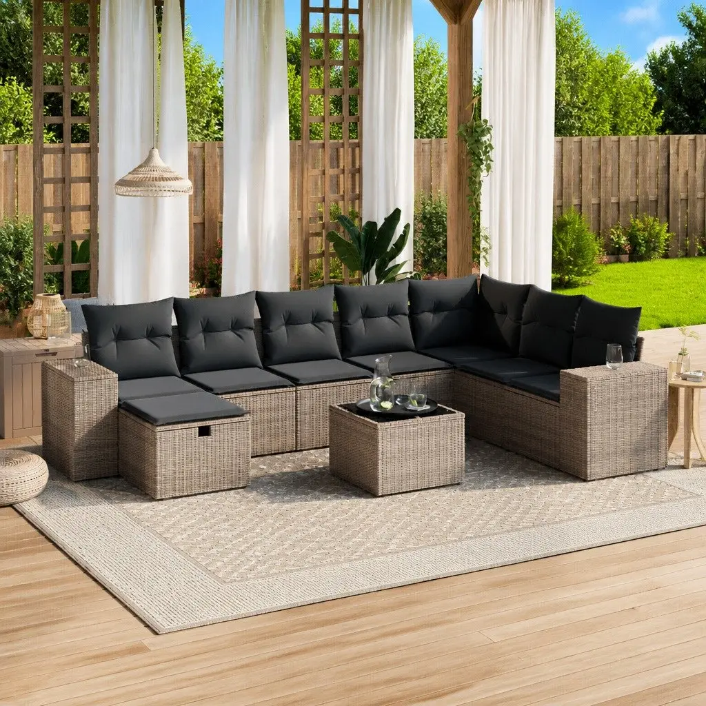 9 Piece Garden Sofa Set Poly Rattan Grey with Cushions