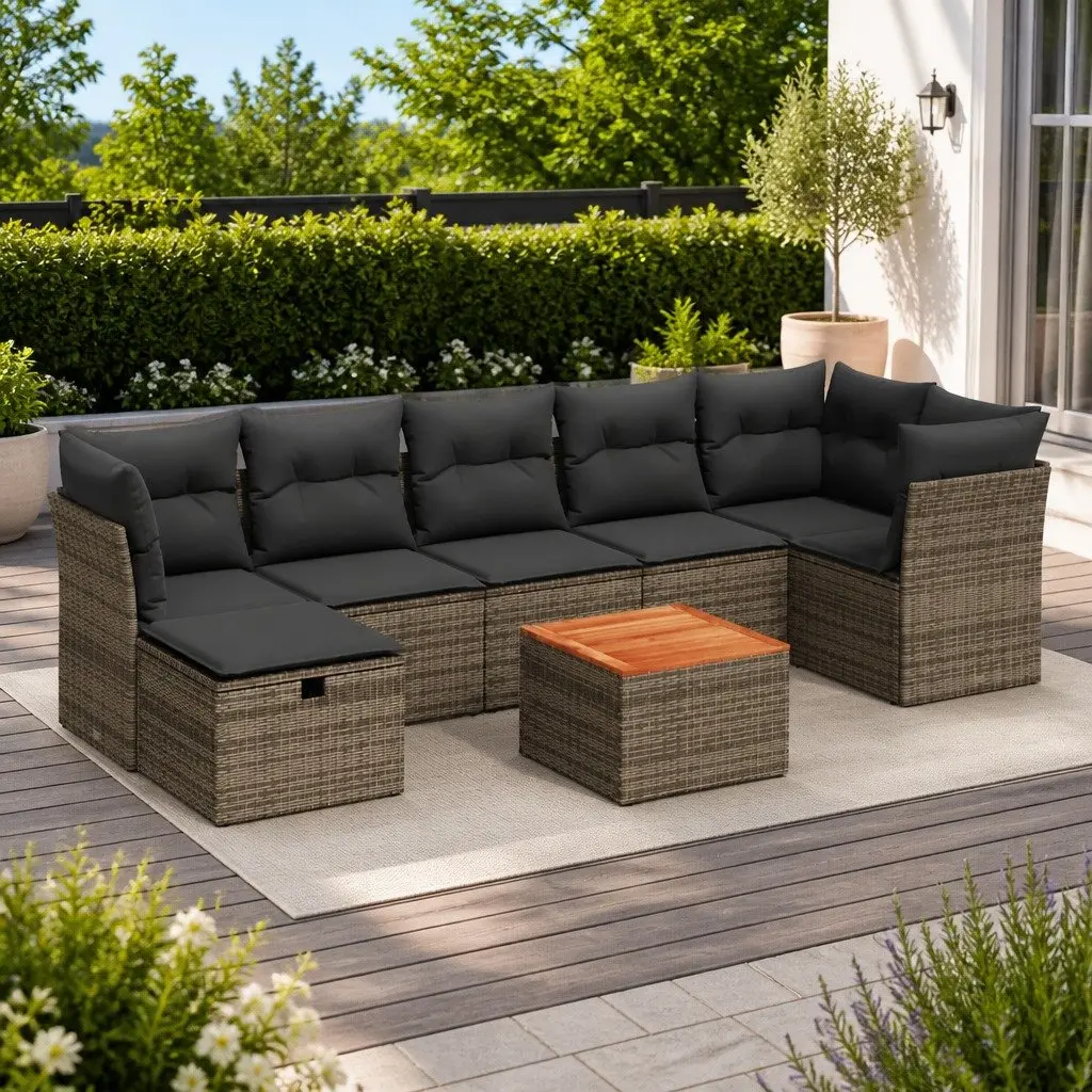 Garden Sofa Set 8 Piece PE Poly Rattan Modular Outdoor Furniture Grey Powder Coated Steel Acacia Wood Table Top