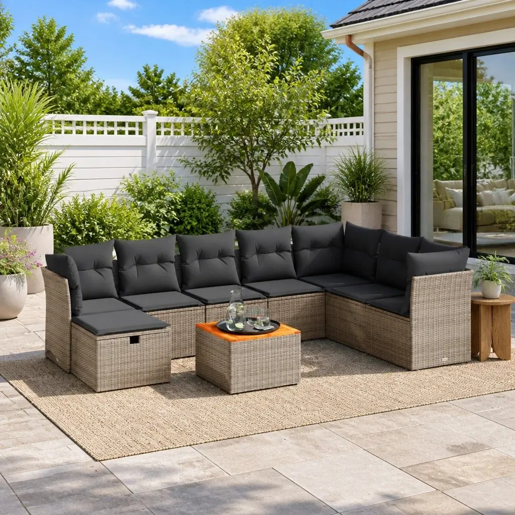 9 Piece Modular Outdoor Furniture Set Grey PE Rattan Sofa for Patio and Garden