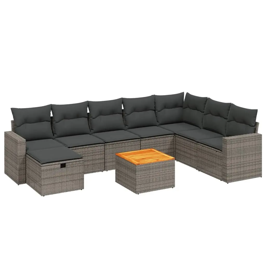 Garden Sofa Set Modular PE Rattan 9 Piece Outdoor Furniture Grey with Acacia Wood Table and Powder-Coated Steel Frame