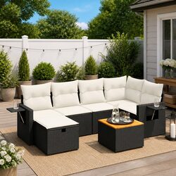 Garden Sofa Set 7 Piece Outdoor Furniture Patio Conversation Set Black Poly