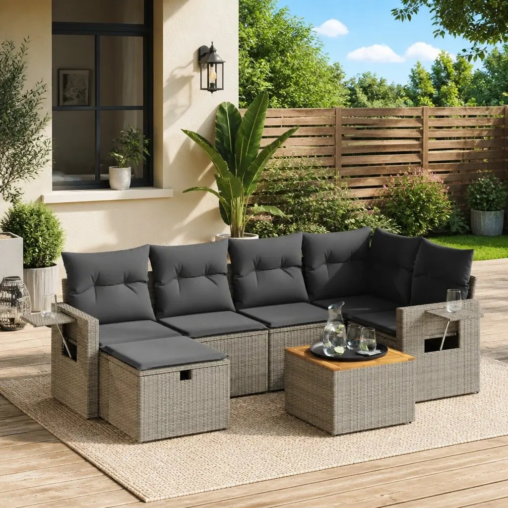 Garden Sofa Set PE Rattan 7 Piece Outdoor Furniture Grey Acacia Wood Tabletop Powder Coated Steel Frame