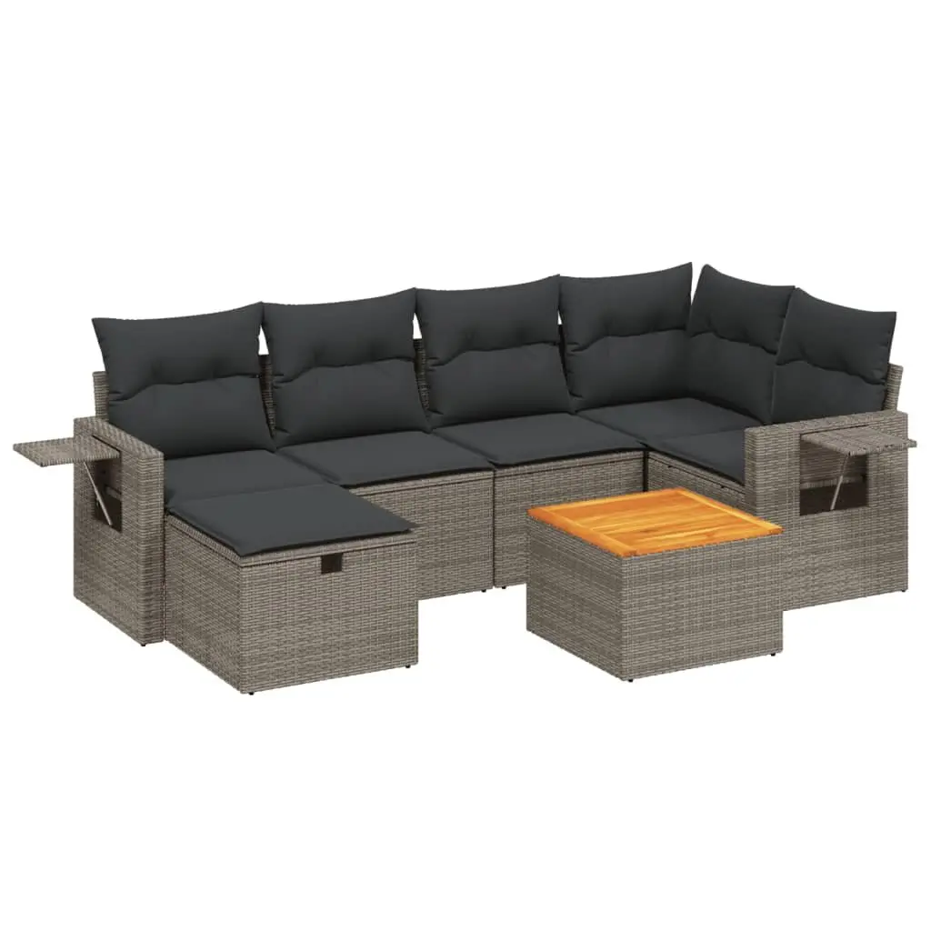 Garden Sofa Set PE Rattan 7 Piece Outdoor Furniture Grey Acacia Wood Tabletop Powder Coated Steel Frame