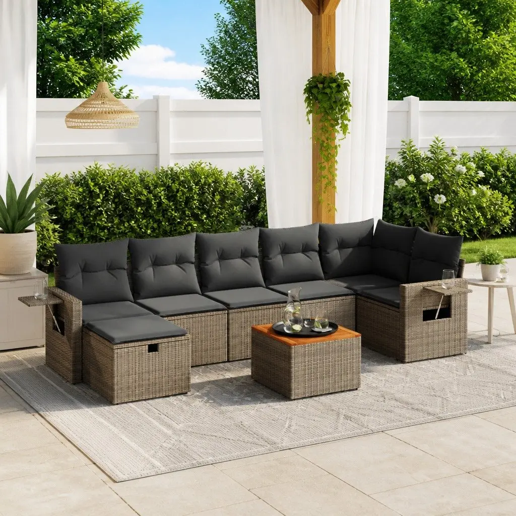 8 Piece Garden Sofa Set Grey PE Rattan Modular Outdoor Furniture with Acacia Wood Table Top and Powder Coated Steel Frame