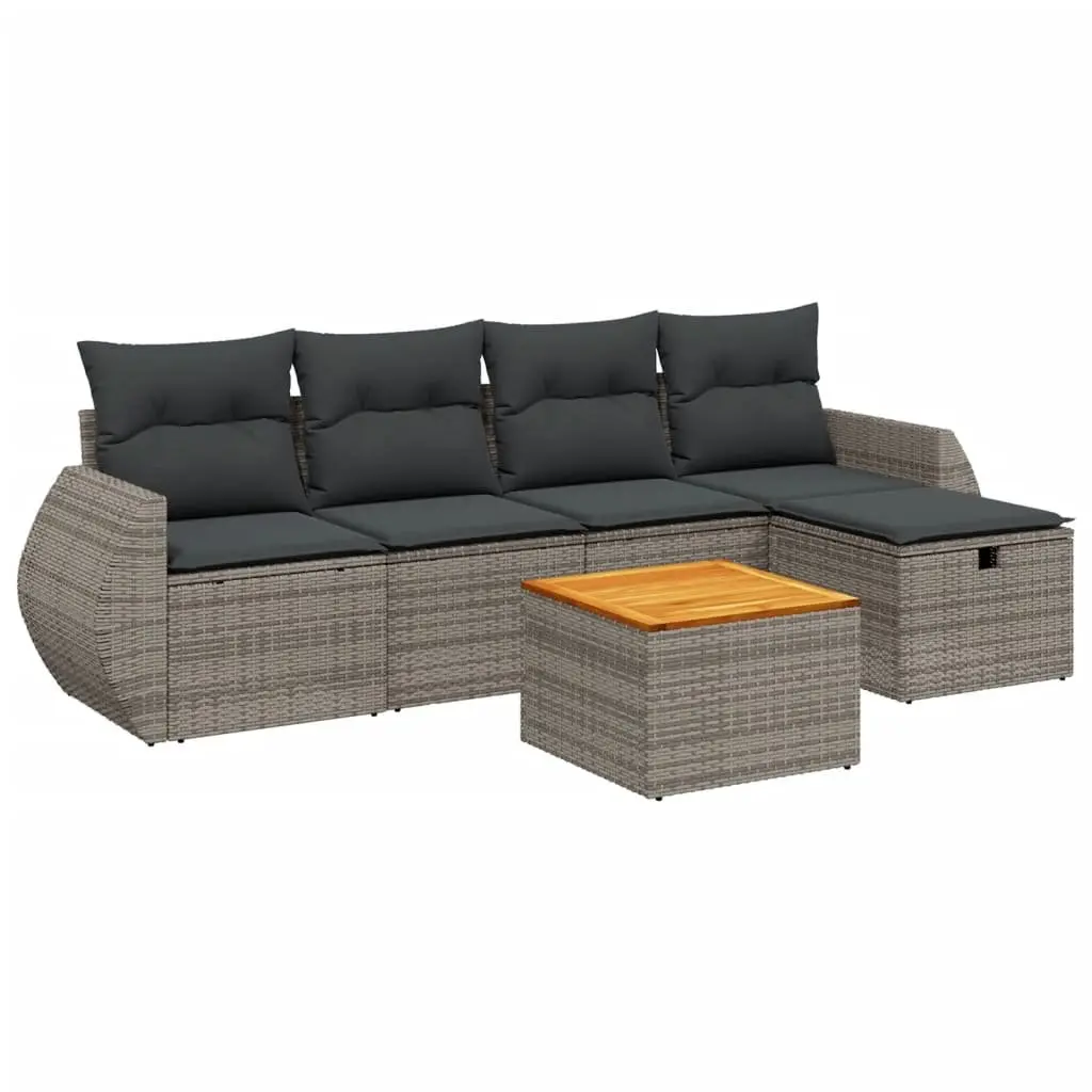 Garden Sofa Set PE Rattan 6 Piece Modular Outdoor Furniture Grey with Acacia Wood Table Top