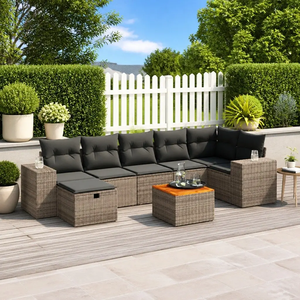 Garden Sofa Set PE Poly Rattan 8 Piece Grey Outdoor Furniture with Acacia Wood Table Top and Powder-Coated Steel Frame