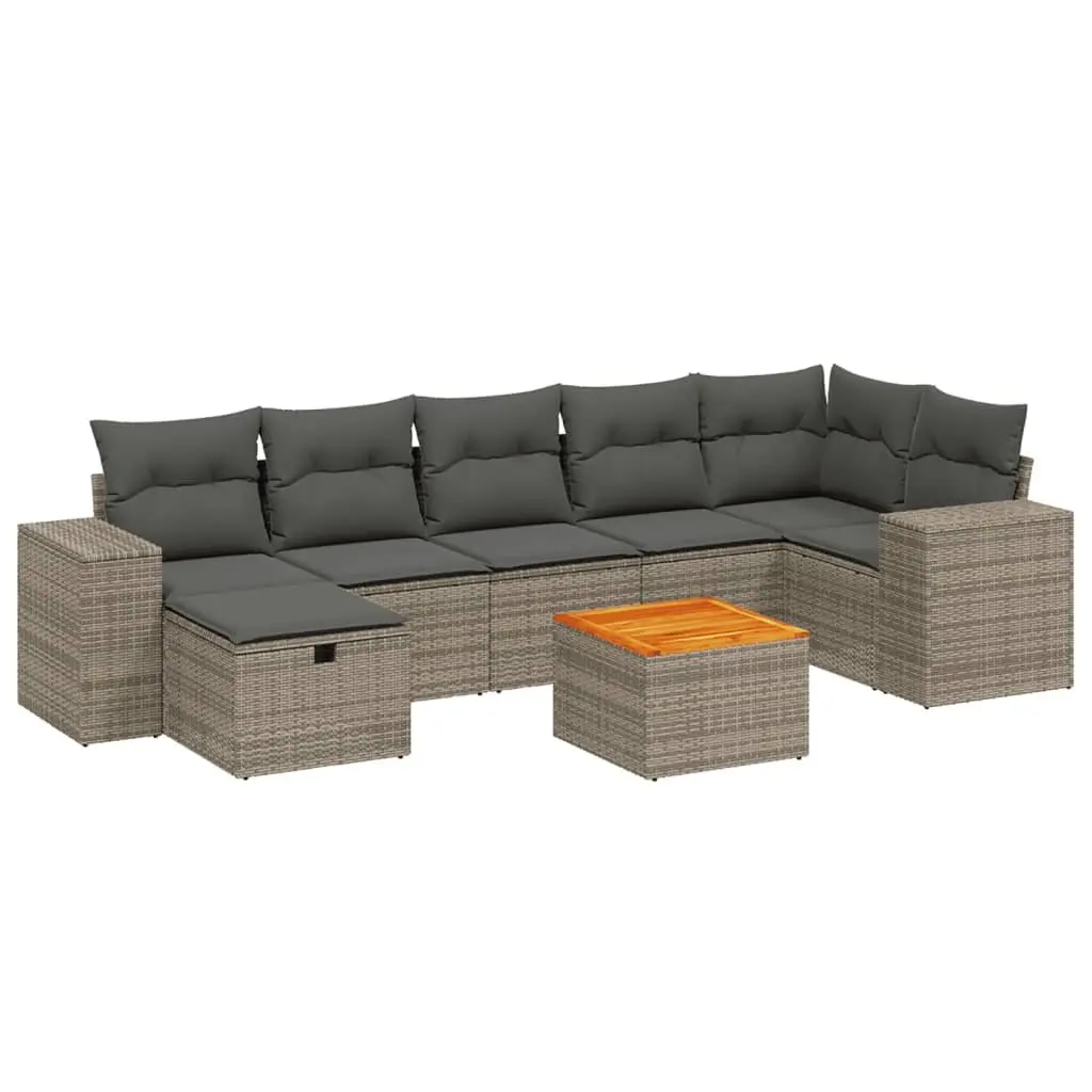 Garden Sofa Set PE Poly Rattan 8 Piece Grey Outdoor Furniture with Acacia Wood Table Top and Powder-Coated Steel Frame