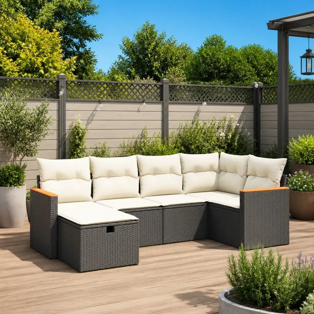 Garden Sofa Set 6 Piece PE Rattan Modular Outdoor Furniture with Cushions Black