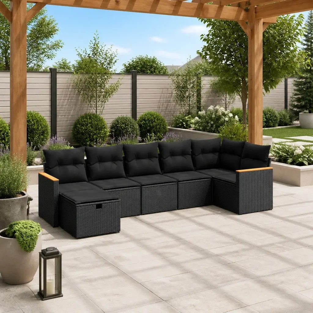 7 Piece Outdoor Garden Sofa Set PE Rattan Black with Cushions