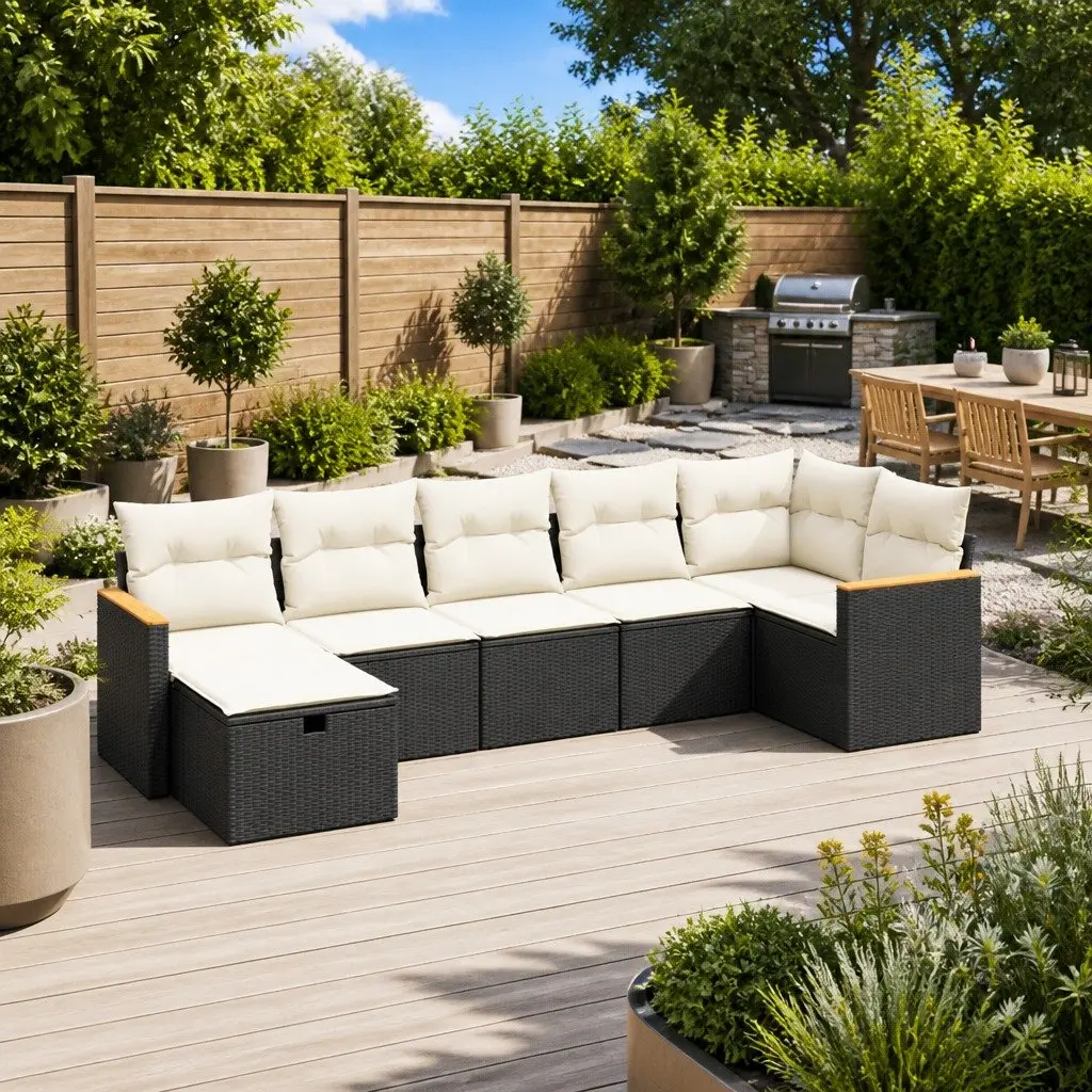 7 Piece Garden Sofa Set PE Rattan Modular Black Outdoor Patio Furniture with Cushions