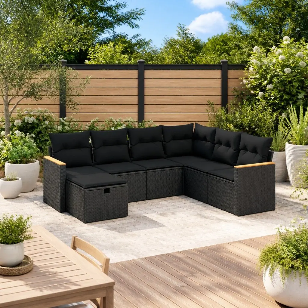 7 Piece Modular Outdoor Sofa Set Black PE Rattan with Cushions Patio Furniture