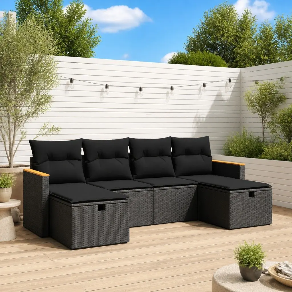 Garden Sofa Set 6 Piece Modular Outdoor Furniture PE Rattan Black with Cushions