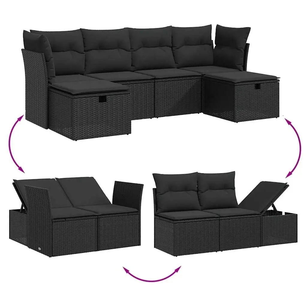 Garden Sofa Set 6 Piece Modular Outdoor Furniture PE Rattan Black with Cushions