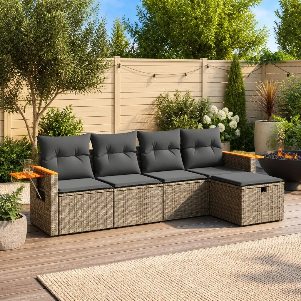 5 Piece Garden Sofa Set Poly Rattan Grey with Cushions Outdoor Furniture