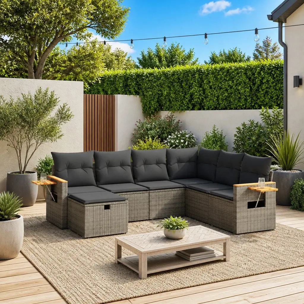 7 Piece Garden Sofa Set PE Rattan Modular Grey with Cushions