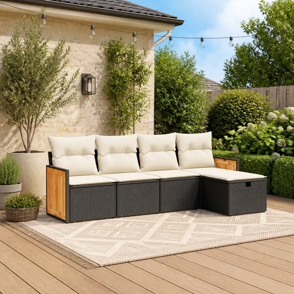 5 Piece Garden Sofa Set Outdoor Furniture Black PE Rattan with Cushions
