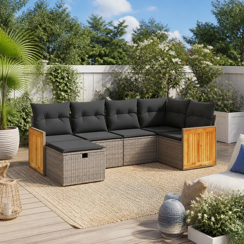 Garden Sofa Set Modular PE Rattan 6 Piece Outdoor Furniture Grey Cushions