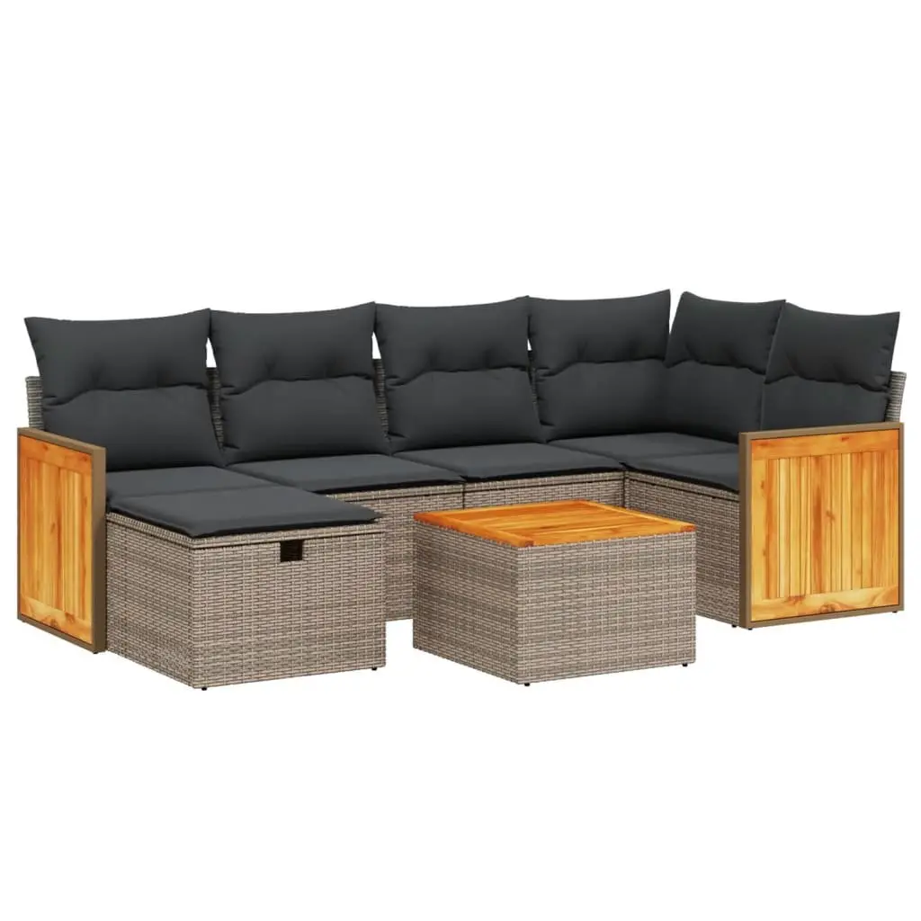 7 Piece Garden Sofa Set Poly Rattan Outdoor Furniture Grey Cushions Acacia Wood Table