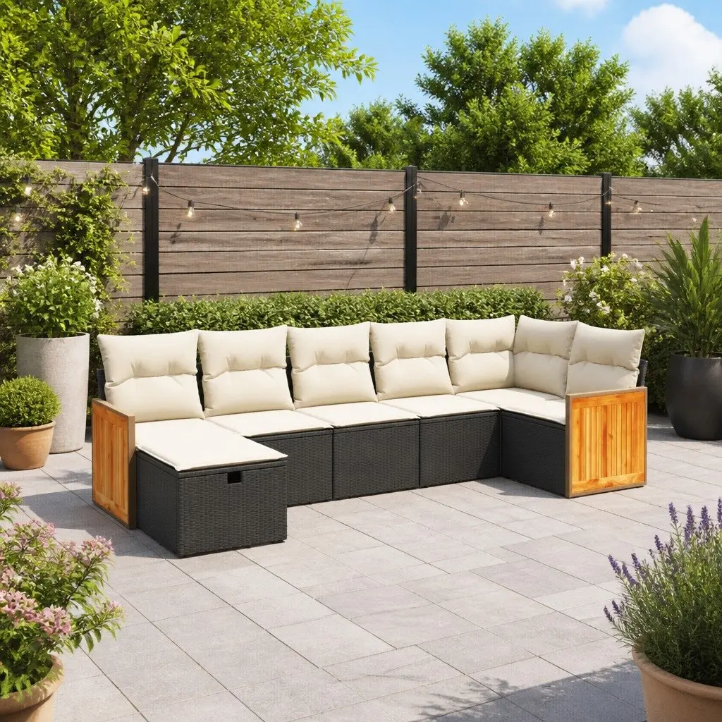 7 Piece Garden Sofa Set PE Rattan Modular Black with Cushions