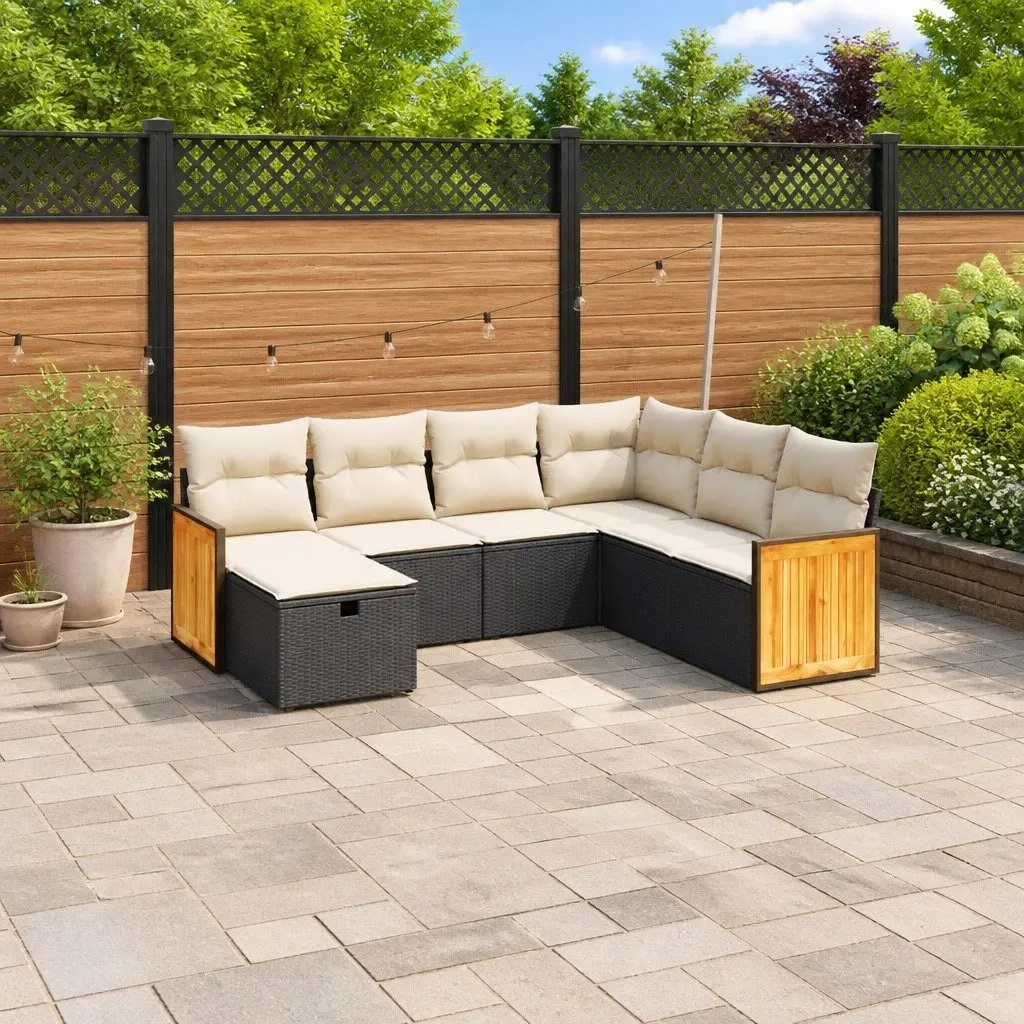 7 Piece Garden Sofa Set PE Rattan Modular Cushions Black Outdoor Patio Furniture