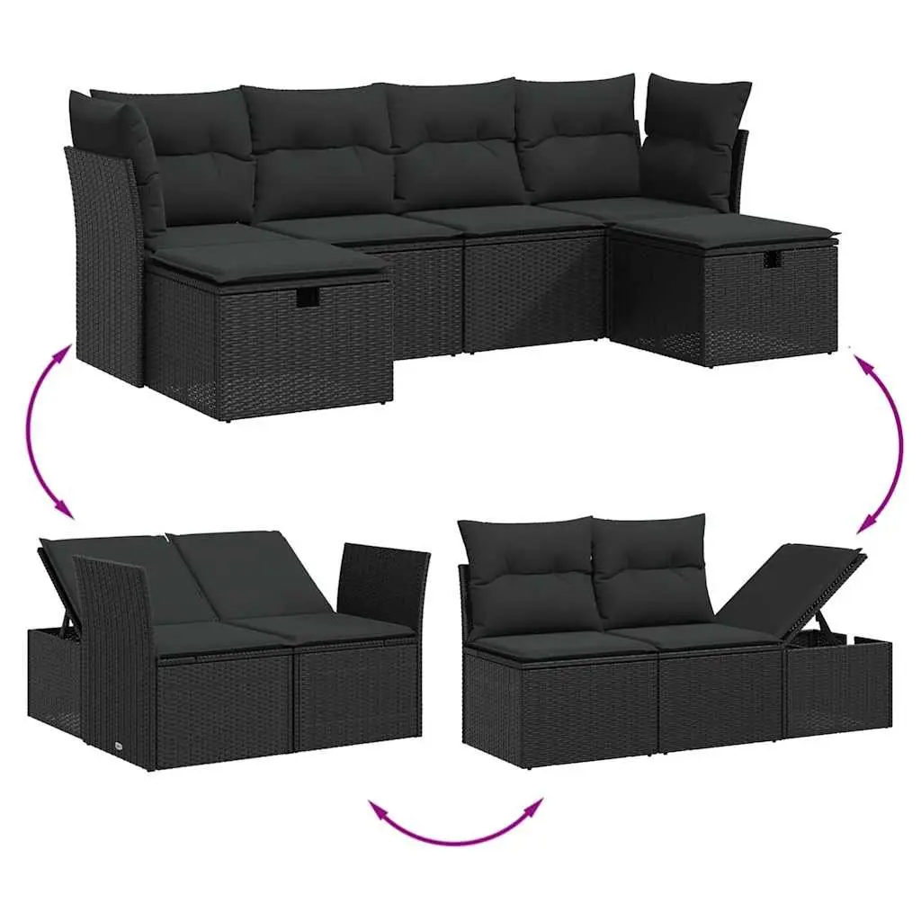 6 Piece Outdoor Modular Sofa Set Black Cushions Durable PE Rattan Powder Coated Steel Frame