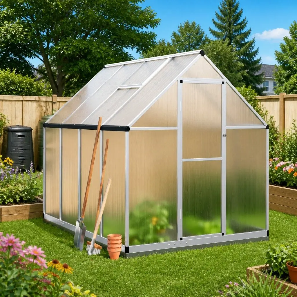 Walk-in Greenhouse Polycarbonate Aluminium Frame Silver 224x169x202cm with Base