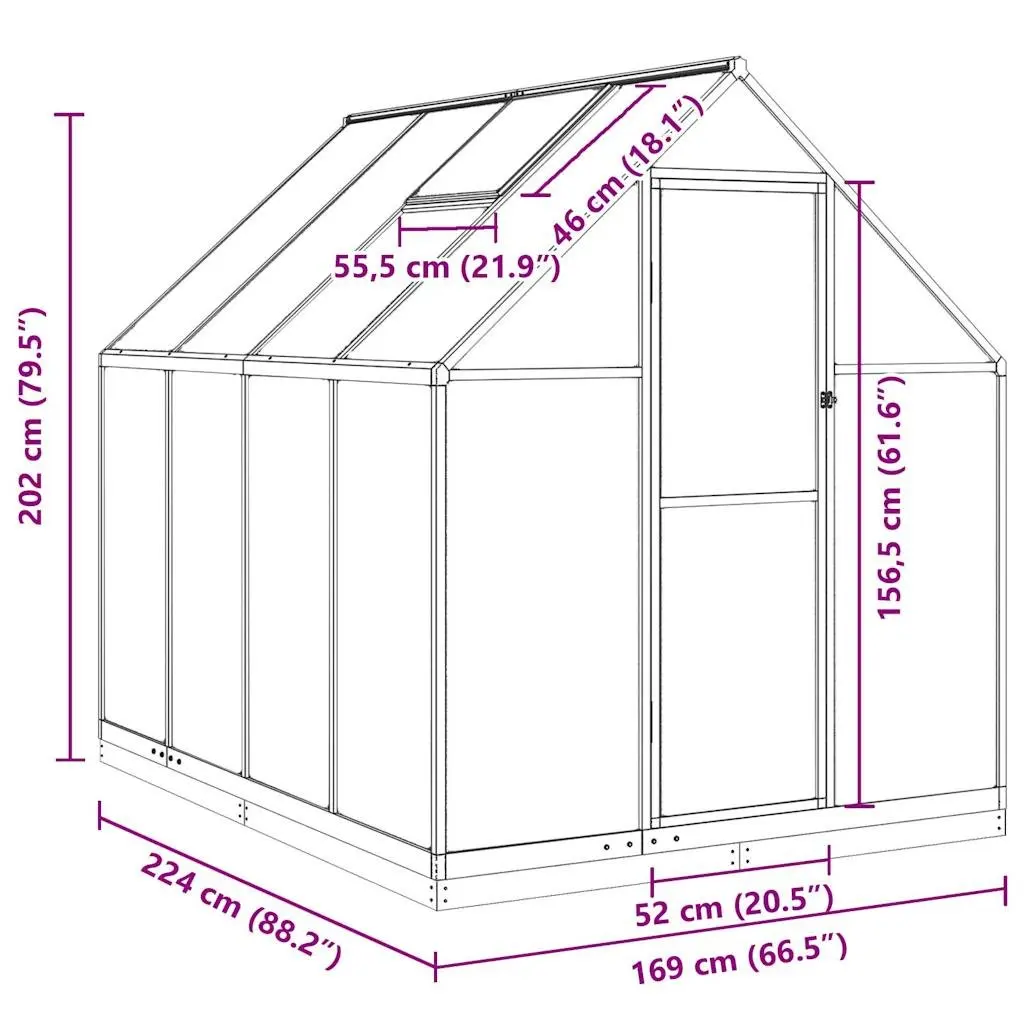 Walk-in Greenhouse Polycarbonate Aluminium Frame Silver 224x169x202cm with Base