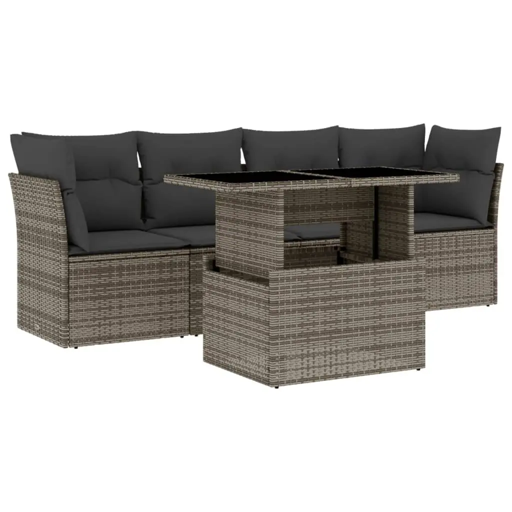 Garden Sofa Set PE Rattan 5 Piece Grey Outdoor Furniture with Cushions