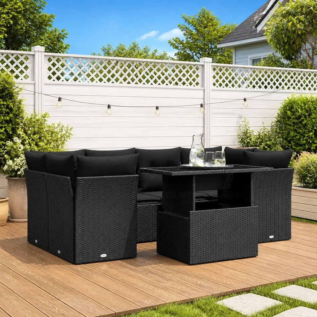 7 Piece Outdoor Garden Sofa Set with Cushions Black Poly Rattan Patio Furniture