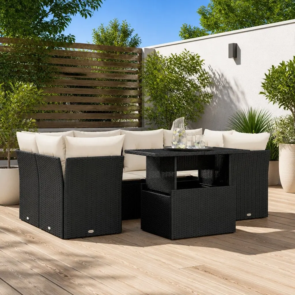 7 Piece Outdoor Garden Sofa Set PE Rattan Adjustable Dining Coffee Table Black
