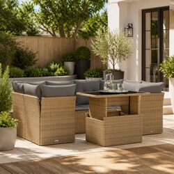 7 Piece Outdoor Garden Sofa Set Beige Poly Rattan Patio Furniture with Cushions